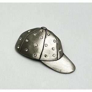 Vintage Jonette Jewelry Pewter Baseball Hat Brooch Hat Pin Rhinestones